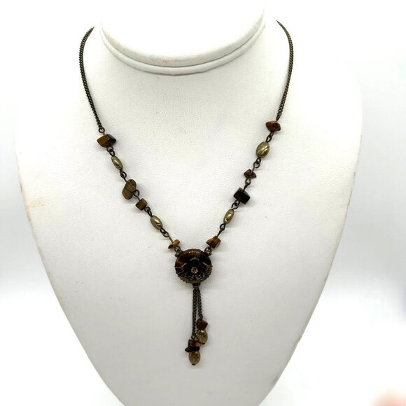 Nina Ricci For Avon Tiger Eye Necklace Dangle Floral Vintage Brass-tone - Picture 5 of 15